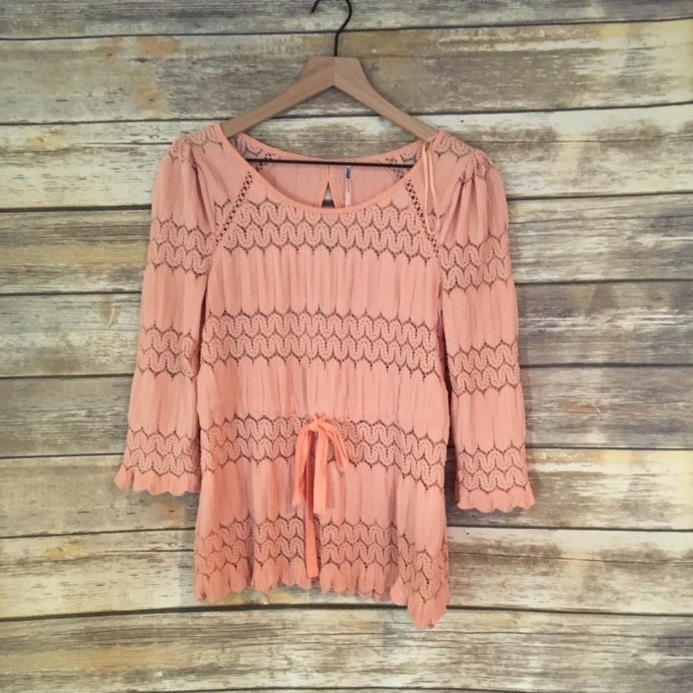 Free People Fire Island Peach Open Knit Blouse Women’s Size S Boho Casual Top - Picture 3 of 5